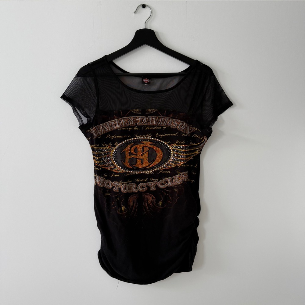 Harley Davidson Womens Black Mesh Yoke Rhinestone Graphic Ruched Top Large
